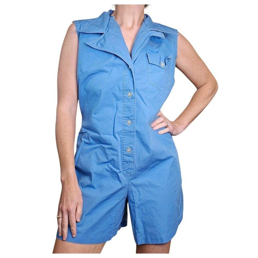 VTG Blue Collared Utility Romper Cotton Playsuit Playmates Uniform Sz M 60s 70s